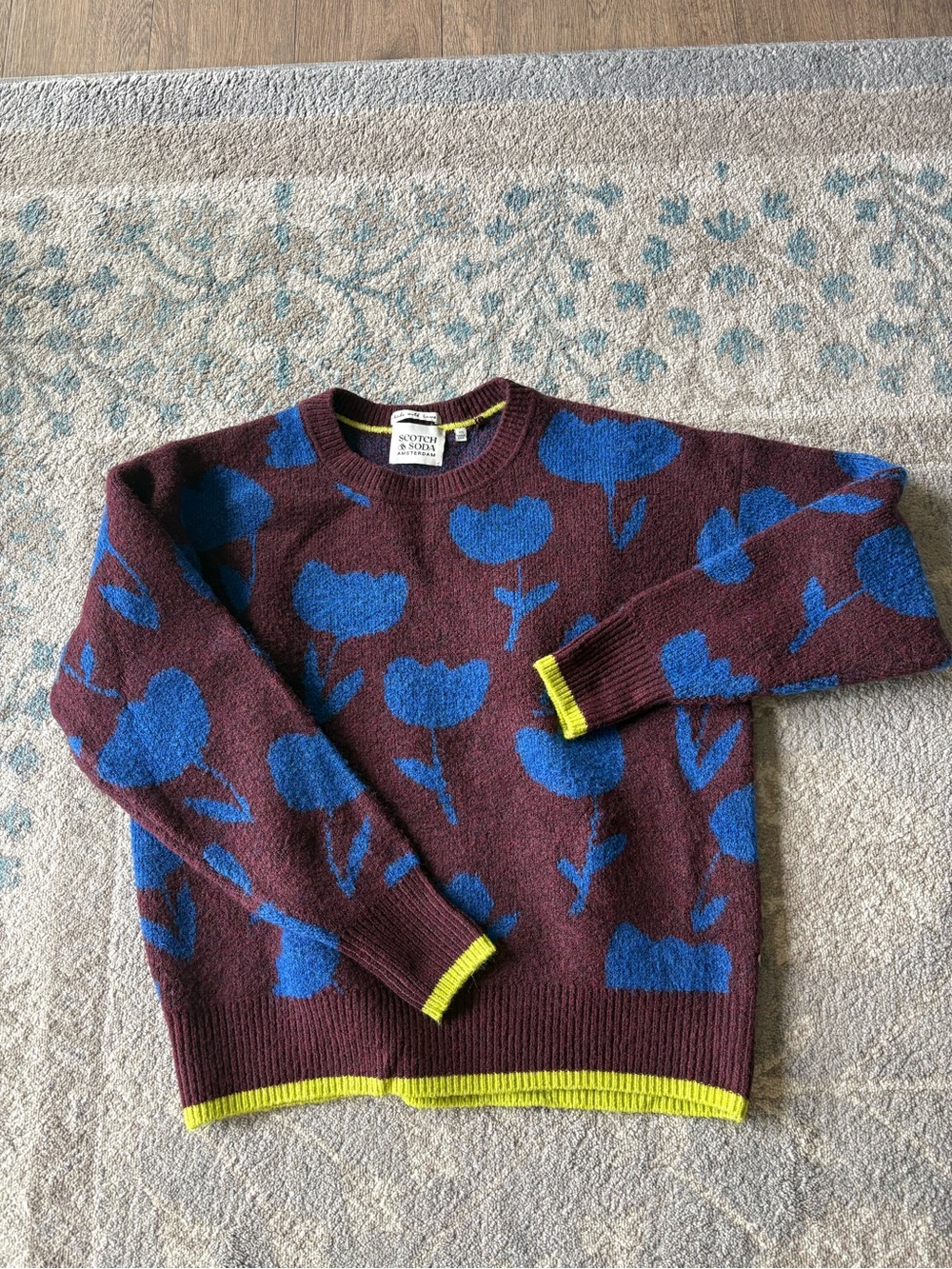Scotch & Soda Burgundy Crewneck Sweater with Bright Blue Floral and Yellow Trim